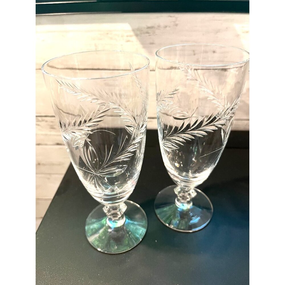 Pair of Tiffin Franciscan Caresse Pattern Vintage Etched Crystal Tea Glasses
